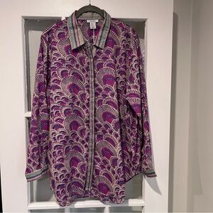 NWT HAUTE HIPPIE Button Up Long Sleeve Semi Sheer Top Blouse Purple Pink Tan XL